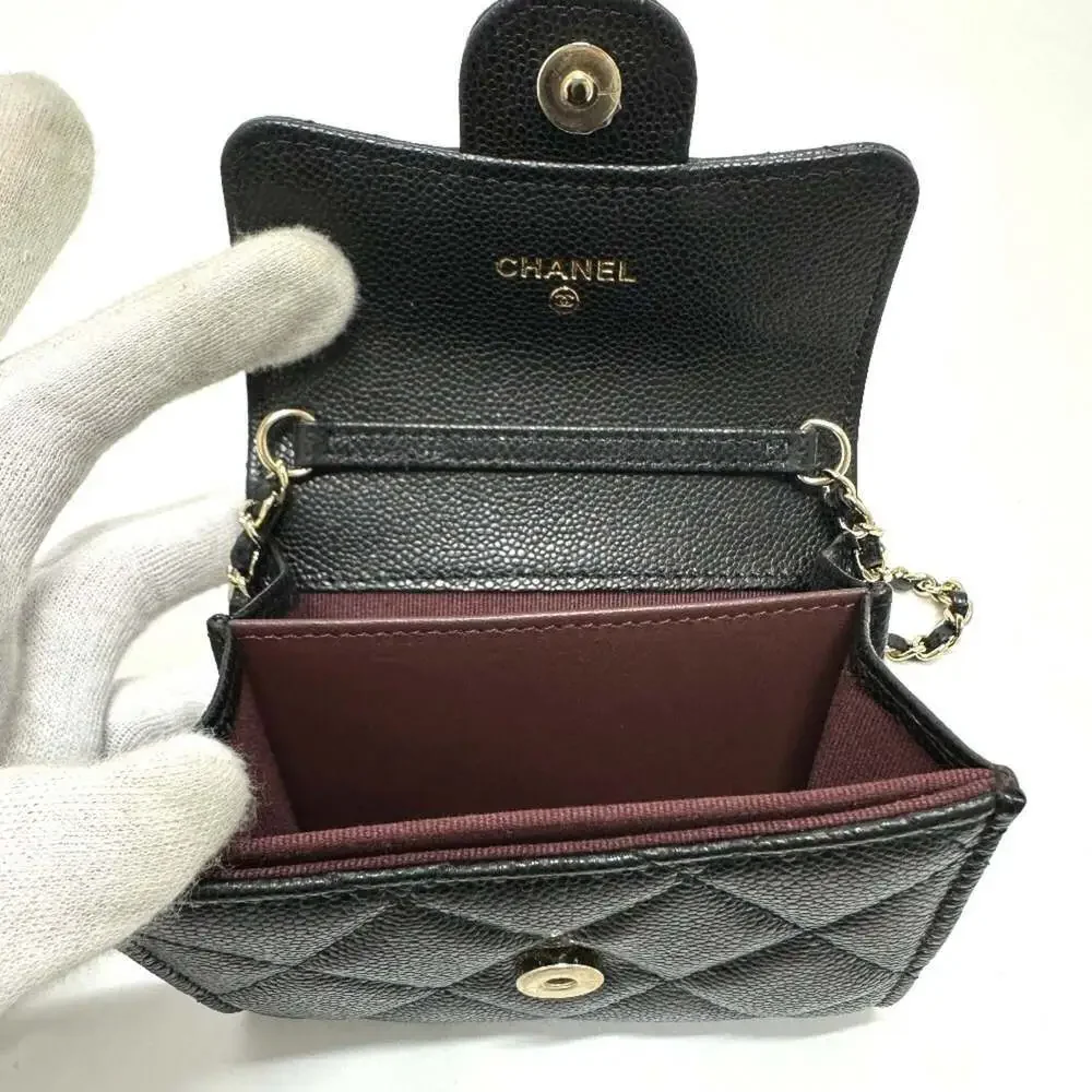 CHANEL Black Caviar Leather Logo Pochette Wallet